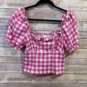 Finders Keepers Babydoll Top Womens Pink‎ Check Gingham Puff Sleeve Preppy Small